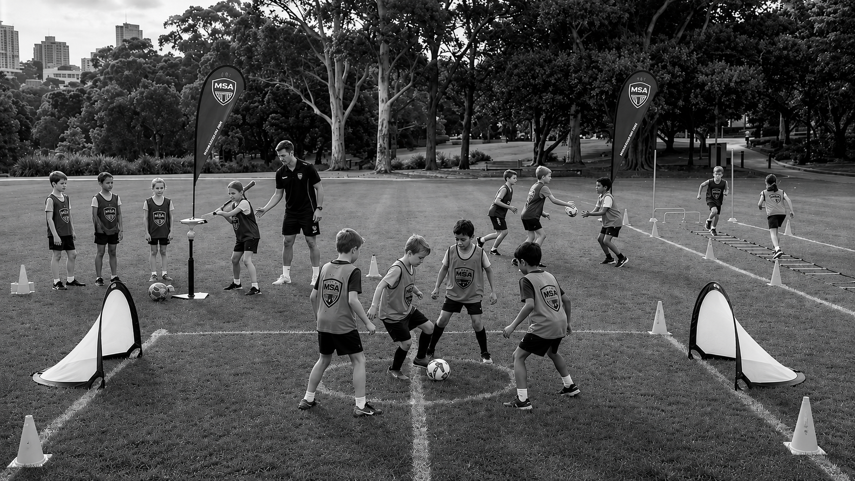 Kids doing after school sports and athletic development drills